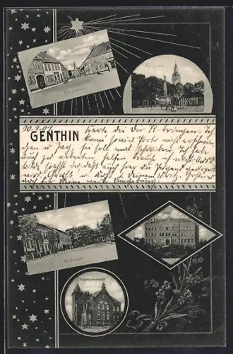 AK Genthin, Parchenstrasse, Seminar, Marktplatz und Präparandenanstalt, Sternen-Passepartout