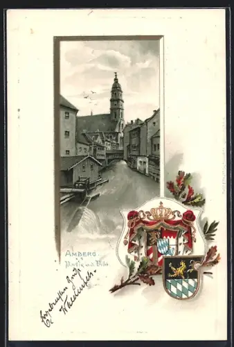 Passepartout-Lithographie Amberg, Partie an der Vils, Wappen und Eichenzweig