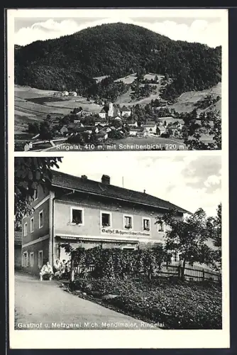 AK Ringelai, Gasthof und Metzgerei Mich. Mendlmaier, Ortsansicht mit Scheibenbichl