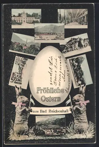 AK Bad Reichenhall, Kgl. Salinengebäude, Inneres der Colonnade, Blick auf Staufen und Zwiesel, Osterhasen-Passepartout