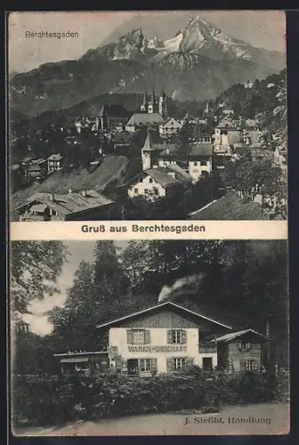 AK Berchtesgaden, Waren-Geschäft von J. Ströbl, Totalansicht