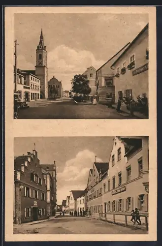 AK Ergoldsbach i. Ndb., Gasthaus mit Strassenpartie, Blick zur Kirche