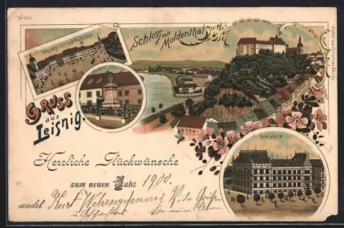 Lithographie Leisnig, Schloss mit Muldental, Realschule, Bismarck-Denkmal