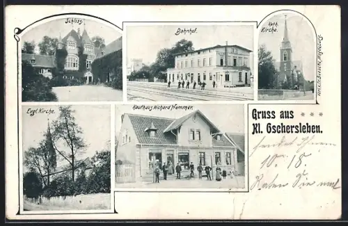 AK Kl. Oschersleben, Bahnhof, Schloss, Kaufhaus Richard Hammer, Kath. Kirche