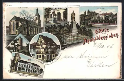 Lithographie Neuhaldensleben, Rathaus, Goldschmied Kühnes Wohnhaus, Roland, Villa Gericke