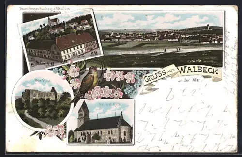 Lithographie Walbeck /Aller, Robert Looses Gasthaus und Conditorei, neue Kirche