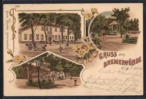 Lithographie Bremervörde, Gasthaus Schützenhof von H. Harms
