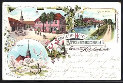 Lithographie Steinkirchen / Altenlande, J. Somfleth`s Hotel, Lühe mit Brücke