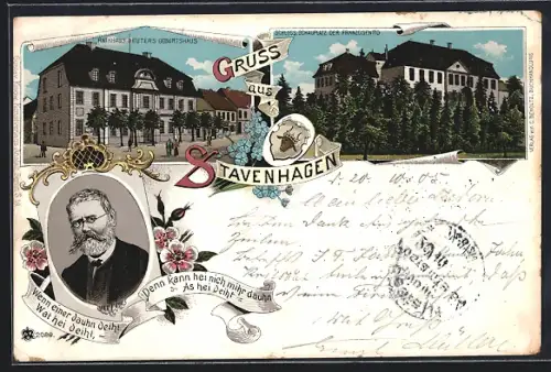 Lithographie Stavenhagen, Rathhaus, Reuters Geburtshaus, Schloss
