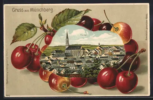 Passepartout-Lithographie Münchberg, Totale mit Kirche zwischen Kirschen