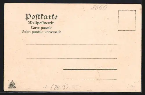 Passepartout-Lithographie Münchberg, Totale mit Kirche zwischen Kirschen