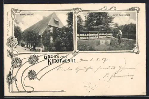 AK Kirchweyhe / Uelzen, Buhrs Gasthof und Bienenstand, Imker und Bienenkörbe