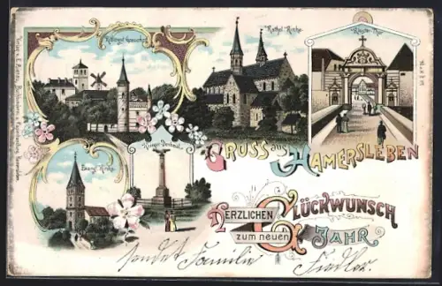 Lithographie Hamersleben, Rittergut Grauerhof, Krieger-Denkmal, Kloster-Thor