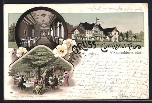 Lithographie Neuhaldensleben, Cur-Hotel Flora Innen- und Aussenansicht, Inh.: H. Bonnes