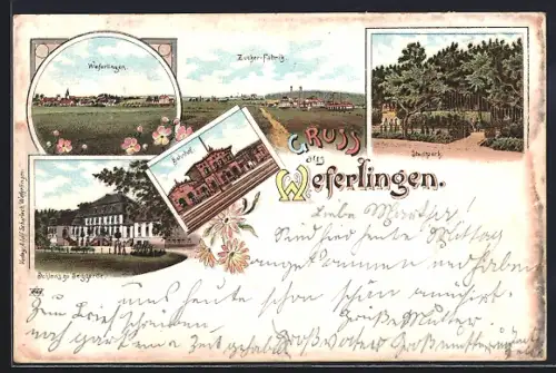 Lithographie Weferlingen, Zucker-Fabrik, Stadtpark, Schloss zu Seggerde
