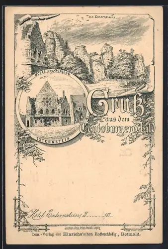 Lithographie Externsteine /Teutoburger Wald, Hotel und Pension Externstein und die Externsteine