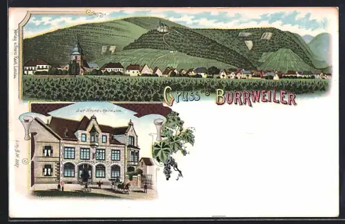 Lithographie Burrweiler, Gasthaus zur Krone v. Hellmann, Totalansicht