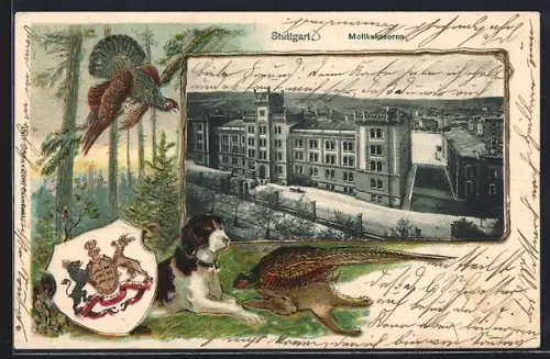 Passepartout-Lithographie Stuttgart, Moltkekaserne, Jagdhund mit Auerhahn und Wappen