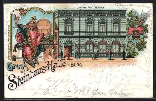 Lithographie Burg /Magdeburg, Gasthof Steinhaus-Halle, Inh. Fritz Bünnige