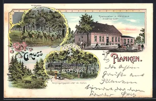 Lithographie Planken, Restaurant z. Waldhaus mit Vergnügungsplatz unter den Eichen