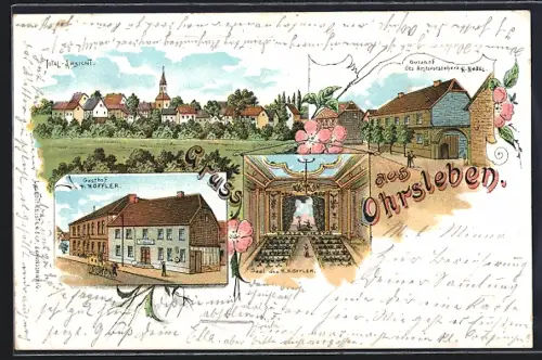 Lithographie Ohrsleben, Gasthof H. Höfler, Gutshof des Amtsvorstehers H. Nabel