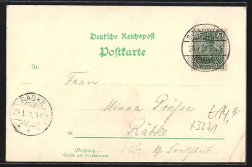 Lithographie Ohrsleben, Gasthof H. Höfler, Gutshof des Amtsvorstehers H. Nabel