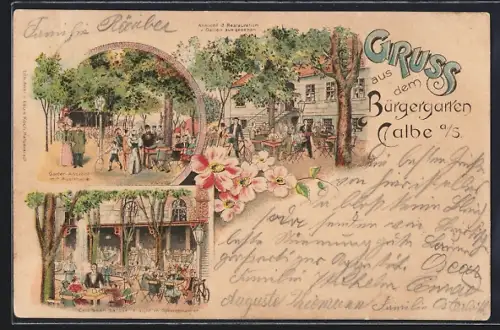 Lithographie Calbe a. S., Restaurant Bürgergarten, Musikhalle und Colonnaden