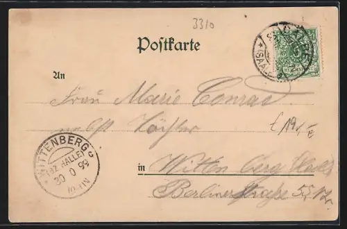 Lithographie Calbe a. S., Restaurant Bürgergarten, Musikhalle und Colonnaden