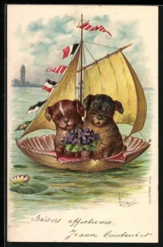 AK Zwei kleine Hunde mit Blumen im Segelboot