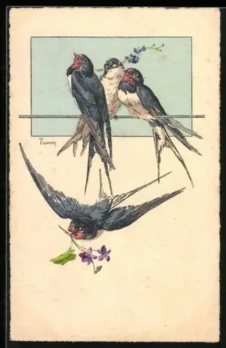 AK Schwalben auf einer Stange, Fliegende Schwalbe mit Blumenzweig
