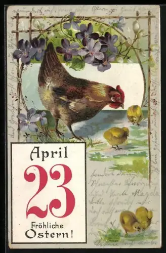 Präge-AK Huhn mit Küken am Wasser, Blumen, Kalenderblatt, Ostergruss