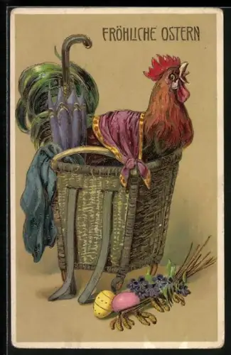 AK Hahn sitzt in einer Kiepe, Ostereier