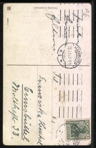 AK Hahn sitzt in einer Kiepe, Ostereier