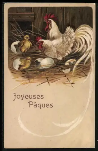 Präge-AK Hühnerpaar mit schlüpfenden Küken, Ostergruss