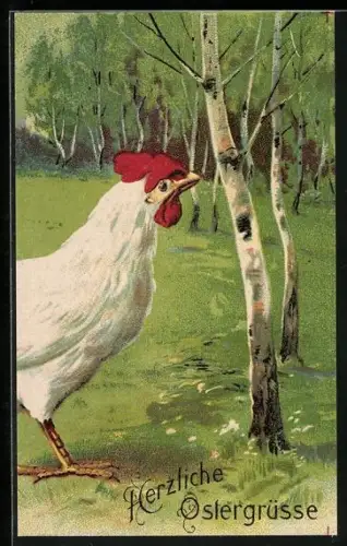 AK Huhn auf einer Wiese mit Birken, Ostergruss