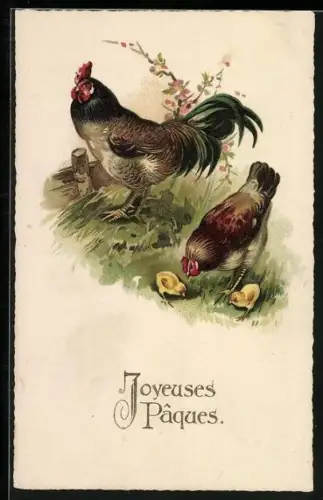 AK Hahn und Huhn mit Küken, Ostergruss