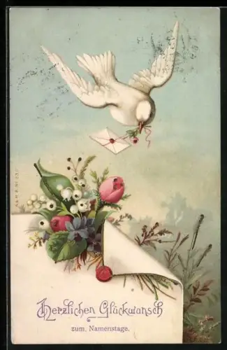 AK Weisse Brieftaube und bunter Blumenstrauss, Namenstagsgruss