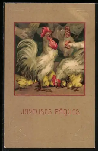 AK Hühner und Kükenschar, Ostergruss