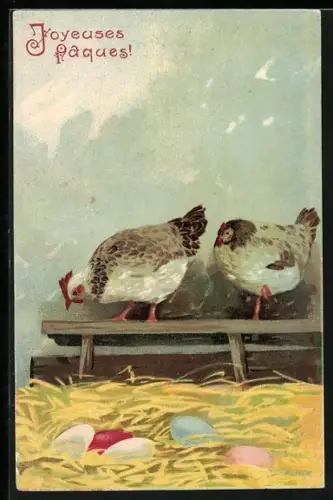 AK Zwei Hühner und Ostereier im Stroh, Ostergruss