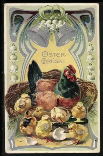 Präge-AK Hühner und frisch geschlüpfte Küken, Maiglöckchen, Ostergruss