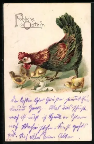 AK Huhn mit frisch geschlüpften Küken, Ostergruss