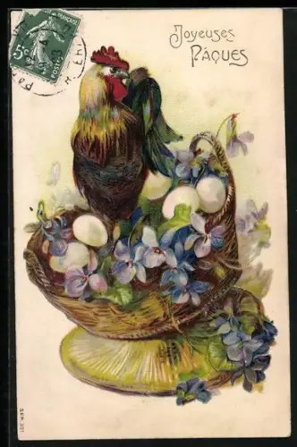 Präge-AK Huhn in Eierkorb mit Blumen, Ostergruss