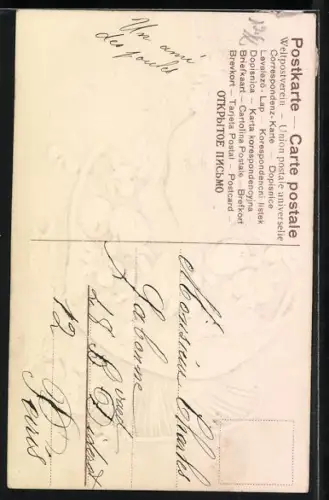 Präge-AK Huhn in Eierkorb mit Blumen, Ostergruss