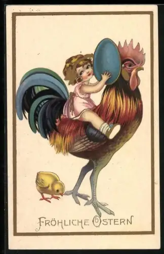 AK Kind mit Osterei beim Ritt auf einem Huhn, Küken, Ostergruss