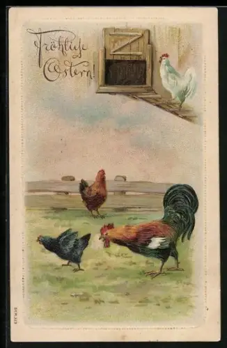 Präge-AK Hühner vor dem Stall, Ostergruss
