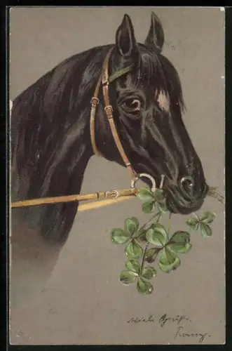 AK Pferdekopf mit Halfter, Kleeblätter
