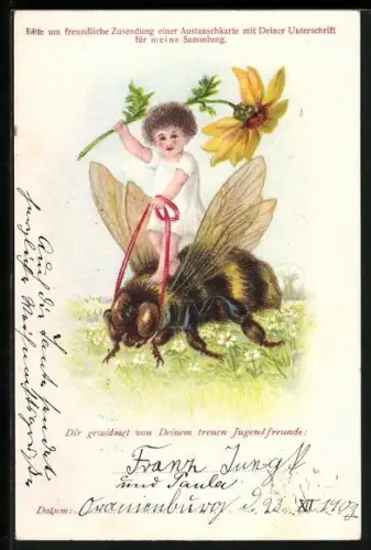 Lithographie Kind mit Blume beim Ritt auf einer Biene