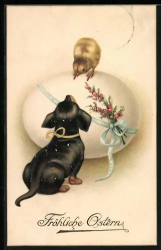 AK Auf einem grossem Ei sitzendes Kücken und ein davor sitzender Dackel blicken sich an