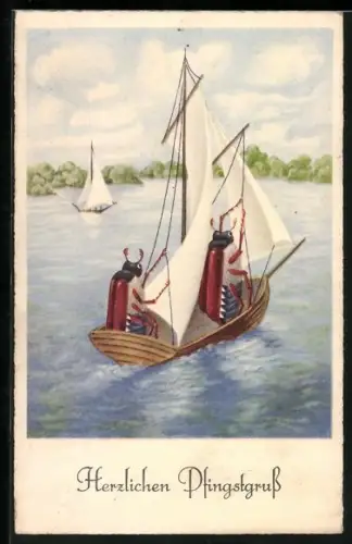 AK Zwei Maikäfer auf Fahrt in einem Segelboot, Pfingstgruss