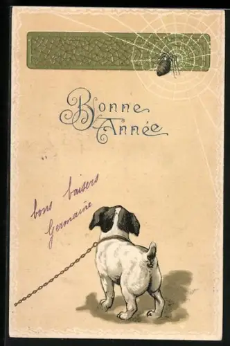 Lithographie Kleiner angeleinter Hund betrachtet Spinne im Netz, Neujahrsgruss